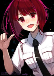 Rule 34 | 1girl, absurdres, arima kana, black background, black necktie, blunt bangs, blush, collared shirt, commentary request, highres, light particles, necktie, open mouth, oshi no ko, pilot uniform, pointing, pointing at self, red eyes, red hair, seacat hz, shirt, short hair, short sleeves, signature, thumbs up, twitter username, uniform, watermark