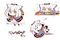 Rule 34 | 1girl, arknights, cape, chibi, closed eyes, commentary, conveyor belt, dress, food, fukarinchi, full body, goggles, goggles around neck, grey cape, highres, multiple views, orange eyes, plate, ptilopsis (arknights), short hair, simple background, sleeping, sparkle, sushi, upper body, white background, white dress, white hair, zzz