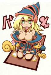 Rule 34 | 1girl, bad id, bad pixiv id, bare shoulders, blonde hair, blush stickers, breasts, card, cleavage, condom, condom in mouth, dark magician girl, duel monster, green eyes, hat, kneeling, large breasts, long hair, mouth hold, solo, wand, yamagami tadashi, yu-gi-oh!, yuu-gi-ou, yu-gi-oh! duel monsters