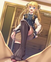 Rule 34 | absurdres, asisuki, blonde hair, blue eyes, clothed female nude male, cum, ejaculation, femdom, footjob, highres, jacket, non-web source, nude, open mouth, penis, pov, pov crotch, saenai heroine no sodatekata, sawamura spencer eriri, shorts, sweater vest, thighhighs, toe seam, trample, twintails