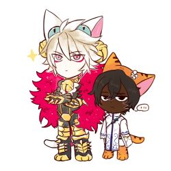 Rule 34 | 2boys, animal hat, arjuna (fate), armor, bell, black hair, blue eyes, brown eyes, cat feet, cat hat, chest jewel, chibi, collar, cosplay, dark-skinned male, dark skin, dejiko, dejiko (cosplay), di gi charat, eyeshadow, fake tail, fate/grand order, fate (series), frown, hair between eyes, hat, highres, karna (fate), makeup, male focus, multiple boys, neck bell, pale skin, puchiko, puchiko (cosplay), red eyeshadow, short hair, spiked collar, spikes, tail, uko02200, white background, white hair
