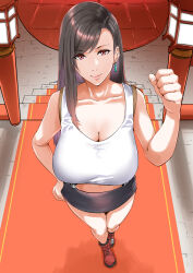 Rule 34 | 1girl, breasts, brown hair, cleavage, final fantasy, final fantasy vii, from above, hand on own hip, highres, large breasts, nypaon, red eyes, skirt, solo, suspender skirt, suspenders, tank top, tifa lockhart