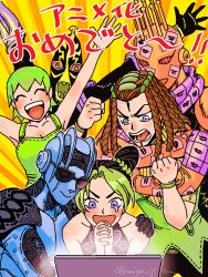 Rule 34 | 6+boys, :d, ^ ^, blush, breasts, celebration, cleavage, closed eyes, computer, dreadlocks, dual persona, ermes costello, foo fighters (jojo), foo fighters (stand), green hair, green overalls, jojo no kimyou na bouken, kiss (stand), kuujou jolyne, laptop, looking at screen, medium breasts, merumeru626, multiple boys, open mouth, own hands clasped, own hands together, purple eyes, single tear, smile, stand (jojo), stone free, stone ocean, sunglasses, translated, vest