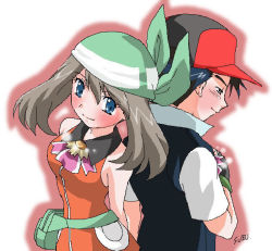Rule 34 | 1boy, 1girl, arm at side, arms behind back, artist request, ash ketchum, back-to-back, bag, bandana, bare arms, bare shoulders, baseball cap, belt, black eyes, black gloves, black hair, black shirt, blue eyes, blush, breasts, brown hair, closed mouth, collared dress, couple, creatures (company), dress, fanny pack, fingerless gloves, game freak, gloves, green bandanna, hair between eyes, half-closed eyes, hand up, handbag, happy, hat, hetero, looking at viewer, looking down, may (pokemon), may (pokemon emerald), medal, medium breasts, multicolored shirt, neck, nintendo, orange dress, pokemon, pokemon (anime), pokemon emerald, pokemon rse, shadow, shirt, short hair, short sleeves, simple background, sleeveless, sleeveless dress, smile, spiked hair, upper body, white background