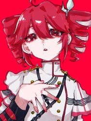 Rule 34 | 1girl, bow, buttons, double-breasted, drill hair, hair bow, hand on own chest, high collar, highres, kasane teto, kasane teto (sv), long sleeves, looking at viewer, nail polish, open mouth, oubaisameko 181, red background, red eyes, red hair, solo, synthesizer v, twin drills, utau