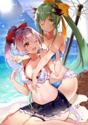 Rule 34 | 2girls, bare shoulders, beach, beach umbrella, bikini, bikini top only, black skirt, blue bikini, blue sky, blush, bow, breasts, cleavage, closed mouth, collarbone, day, dragon horns, fate/grand order, fate (series), felnemo, flower, green hair, hair bow, hair flower, hair ornament, highres, horns, kiyohime (fate), kiyohime (fate/grand order), kiyohime (swimsuit lancer) (fate), kiyohime (swimsuit lancer) (third ascension) (fate), large breasts, long hair, looking at viewer, miniskirt, multiple girls, multiple horns, navel, ocean, one eye closed, open mouth, ponytail, red bow, red eyes, sidelocks, silver hair, sitting, skirt, sky, smile, sunlight, swimsuit, thighs, tomoe gozen (fate), tongue, tongue out, umbrella, v, very long hair, wariza, white bikini, yellow bow, yellow eyes