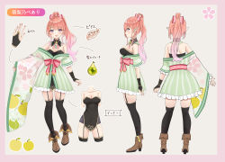 Rule 34 | 1girl, :d, akino ell, apple hair ornament, asymmetrical sleeves, bare shoulders, black dress, black thighhighs, boots, bow, breasts, bridal gauntlets, brown footwear, brown hair, character sheet, cleavage, closed mouth, commentary request, copyright request, dress, ear piercing, earrings, food-themed hair ornament, frilled kimono, frills, garter straps, gradient hair, green kimono, hair bow, hair ornament, high heel boots, high heels, high ponytail, highres, japanese clothes, jewelry, kimono, long sleeves, medium breasts, multicolored hair, multiple views, nail polish, obi, open mouth, piercing, pinching sleeves, pink bow, pink hair, pink nails, pointy ears, polka dot, polka dot bow, ponytail, profile, purple eyes, sash, sleeves past wrists, smile, standing, strapless, strapless dress, striped clothes, striped kimono, stud earrings, thighhighs, thighhighs under boots, vertical-striped clothes, vertical-striped kimono, virtual youtuber, wide sleeves, x-ray