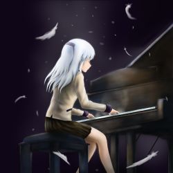 Rule 34 | 1girl, 531314802, angel beats!, bare legs, black background, closed eyes, facing away, feathers, hair ornament, highres, instrument, jacket, key (company), long hair, long sleeves, music, piano, playing instrument, playing piano, ponytail, school uniform, silver hair, simple background, sitting, very long hair