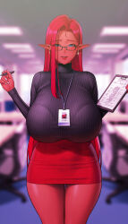 Rule 34 | absurdres, blue eyes, breasts, clipboard, earrings, furrowed brow, high collar, highres, huge breasts, impossible clothes, jewelry, long hair, miniskirt, name tag, office, office lady, original, pencil skirt, pink hair, red skirt, ribbed sweater, roborobocap, skirt, smile, straight hair, sweater, turtleneck, turtleneck sweater