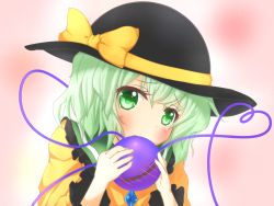 Rule 34 | 1girl, aqua hair, blouse, blush, chinoru, covering own mouth, gradient background, green eyes, hat, hat ribbon, head tilt, heart, heart of string, komeiji koishi, long sleeves, looking at viewer, pink background, ribbon, shirt, short hair, simple background, solo, third eye, touhou, upper body