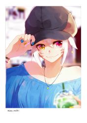 Rule 34 | 1girl, bare shoulders, blurry, blurry background, blurry foreground, bracelet, casual, close-up, collarbone, cup, drinking glass, earrings, facial mark, final fantasy, final fantasy xiv, hand on headwear, hat, heterochromia, highres, jewelry, lili mdoki, looking at viewer, miqo&#039;te, nail polish, necklace, off shoulder, short hair, slit pupils, smile, solo, white hair