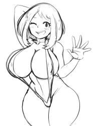 Rule 34 | 1girl, arm behind head, blush, boku no hero academia, breasts, curvy, huge breasts, monochrome, open mouth, short hair, sketch, slingshot swimsuit, smile, solo, swimsuit, thecon, thick thighs, thighs, uraraka ochako, waving, white background, wide hips, wink