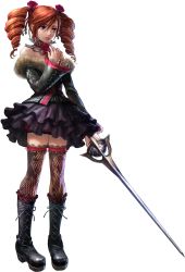 Rule 34 | 1girl, amy sorel, bare shoulders, bloomers, boots, choker, dress, drill hair, fishnet thighhighs, fishnets, flower, fur trim, gothic lolita, highres, kawano takuji, lace, lolita fashion, official art, rapier, red bloomers, red hair, rose, skirt, solo, soul calibur, soulcalibur, soulcalibur iv, sword, thighhighs, twintails, weapon, white background