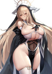 Rule 34 | 1girl, absurdres, azur lane, bare shoulders, black gloves, blonde hair, breast cutout, breasts, cleavage, covered navel, curvy, detached sleeves, gloves, habit, hand on own chest, highres, horns, huge breasts, implacable (azur lane), long hair, looking at viewer, narrow waist, nun, orange eyes, shuiruoqing, solo, thighhighs, two-tone dress, very long hair, white thighhighs, wide hips