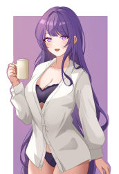 Rule 34 | 1girl, :d, blush, bra, breasts, bu weizhuang, cleavage, commentary request, cowboy shot, cup, genshin impact, highres, holding, holding cup, large breasts, long hair, long sleeves, looking at viewer, mug, open mouth, panties, purple bra, purple eyes, purple hair, purple panties, raiden shogun, shirt, smile, solo, standing, underwear, very long hair, white shirt