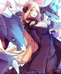 Rule 34 | 1girl, absurdres, black coat, black pants, blonde hair, blush, breasts, cleavage, coat, commentary request, creatures (company), cynthia (pokemon), eyelashes, fur-trimmed coat, fur trim, game freak, garchomp, gen 3 pokemon, gen 4 pokemon, hair over one eye, highres, holding, holding poke ball, long hair, looking to the side, lucario, milotic, nintendo, open mouth, pants, poke ball, pokemon, pokemon (creature), pokemon dppt, signature, teeth, tomochi (tmc tmc8), watermark, yellow eyes