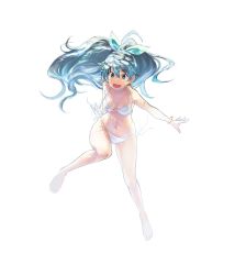 Rule 34 | 1girl, :d, barefoot, bikini, blue bow, blue eyes, blue hair, bow, bracelet, breasts, cleavage, earrings, fang, floating hair, full body, ganaha hibiki, hair between eyes, hair bow, idolmaster, idolmaster (classic), jewelry, long hair, looking at viewer, navel, aged up, open mouth, outstretched arms, side-tie bikini bottom, simple background, small breasts, smile, solo, string bikini, swimsuit, uro (uro zi), very long hair, white background, white bikini