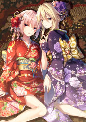 Rule 34 | 2girls, alternate costume, alternate hairstyle, artoria pendragon (fate), artoria pendragon (lancer alter) (fate), breasts, fate/grand order, fate (series), floral print, florence nightingale (fate), flower, hair flower, hair ornament, highres, japanese clothes, kimono, light brown hair, looking at viewer, medium breasts, multiple girls, obi, parted lips, saber (fate), saber alter, sash, grey eyes, silver hair, sitting, smile, toosaka asagi, wariza