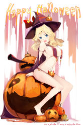 Rule 34 | 10s, 1girl, absurdres, barefoot, between toes, bikini, blonde hair, blue eyes, blush, breasts, cape, english text, engrish text, feet, girls und panzer, halloween, happy halloween, hat, highres, hijack, huge breasts, jack-o&#039;-lantern, kay (girls und panzer), long hair, looking at viewer, open mouth, pumpkin, ranguage, sitting, smile, solo, swimsuit, witch hat