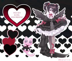 Rule 34 | 1girl, absurdres, acrylic stand, ame-chan (needy girl overdose), animal, black background, black dress, black eyes, black footwear, black hair, black wings, bow, cat, closed mouth, clothed animal, commentary request, copyright name, dress, emoji, feathered wings, frilled dress, frills, full body, gothic lolita, hair over one eye, heart, heart background, highres, lolita fashion, long hair, long sleeves, mew (mewrurirun), needy girl overdose, outline, pantyhose, pien cat (needy girl overdose), pleading face emoji, puffy long sleeves, puffy sleeves, red bow, red ribbon, ribbon, shoes, solo, standing, twintails, twitter username, white background, white outline, wings
