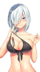 Rule 34 | 10s, 1girl, bikini, black bikini, blue eyes, blush, breasts, collarbone, covered erect nipples, front-tie bikini top, front-tie top, hair ornament, hair over one eye, hairclip, halterneck, hamakaze (kancolle), highres, kantai collection, large breasts, looking at viewer, navel, ntk (7t5), short hair, silver hair, simple background, skindentation, smile, solo, strap pull, swimsuit, upper body, white background
