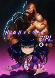 Rule 34 | 10s, 1990s (style), 1boy, 1girl, absurdres, age difference, crazy eyes, gameplay mechanics, gradient background, heewon lee, high score girl, highres, looking at viewer, manly, mohawk, muscular, oono akira, pink background, retro artstyle, scar, size difference, standing, street fighter, street fighter ii (series), zangief