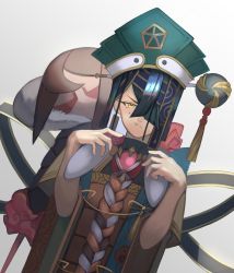 Rule 34 | 1girl, artist request, bare shoulders, black hair, blue headwear, blush, breasts, bridal gauntlets, brown eyes, chinese clothes, doll, fate/grand order, fate (series), hair ornament, hair over one eye, hairpin, hat, highres, long sleeves, looking at viewer, mole, mole under eye, orb, pout, puffy cheeks, robe, short hair, small breasts, white robe, wide sleeves, xu fu (fate), yu mei-ren (fate)