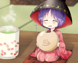 Rule 34 | 1girl, :d, ^ ^, baozi, blush, bowl, bowl hat, closed eyes, cup, eating, food, food on face, hat, highres, japanese clothes, kimono, komiru, long sleeves, mini person, minigirl, open mouth, parted bangs, purple hair, red bean paste, short hair, sitting, smile, solo, sukuna shinmyoumaru, touhou, wide sleeves, yunomi