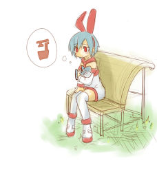 Rule 34 | 1girl, bare shoulders, bench, blue hair, blush, closed mouth, detached collar, detached sleeves, disgaea, dress, female focus, flat chest, full body, grass, hairband, hand up, have to pee, holding, knees together feet apart, outdoors, pleinair, red eyes, red footwear, red hairband, rodon, shoes, short hair, sitting, sketch, solo, strapless, strapless dress, stuffed animal, stuffed shark, stuffed toy, thighhighs, thought bubble, white dress, white thighhighs, zettai ryouiki