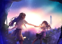 Rule 34 | 2girls, backlighting, black eyes, black hair, bow, eye contact, hair bow, holding hands, lens flare, light particles, long hair, looking at another, multiple girls, naruse chisato, open mouth, original, overgrown, pantyhose, plant, pulling, ruins, school uniform, serafuku, skirt, twilight, vines