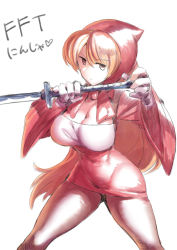 Rule 34 | 1girl, blonde hair, breasts, cleavage, closed mouth, dress, final fantasy, final fantasy tactics, large breasts, long hair, looking at viewer, ninja (fft), pantyhose, simple background, skirt, solo, sword, tukiwani, weapon, white background