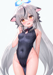 Rule 34 | 1girl, akabane (zebrasmise), animal ears, arm behind back, bad id, bad twitter id, black hair, blue archive, blush, breasts, clothing cutout, covered navel, dress, fingernails, grey background, grey hair, halo, highres, kokona (blue archive), long hair, looking at viewer, multicolored hair, open mouth, pelvic curtain, simple background, small breasts, solo, standing, streaked hair, striped clothes, striped dress, thighs, vertical-striped clothes, vertical-striped dress, very long hair, wet, yellow eyes