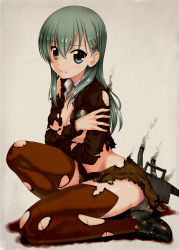 Rule 34 | 10s, 1girl, beige background, blue eyes, breasts, brown thighhighs, burnt clothes, cannon, cleavage, clenched teeth, full body, green hair, hair ornament, hairclip, hechi, highres, kantai collection, kneeling, long sleeves, looking at viewer, machinery, no bra, panties, pantyshot, pink panties, school uniform, shirt, simple background, skirt, solo, suzuya (kancolle), teeth, thighhighs, torn clothes, torn shirt, torn skirt, torn thighhighs, underboob, underwear