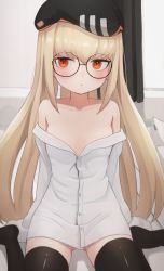 Rule 34 | 1girl, auuufox, bare shoulders, beret, black hat, black thighhighs, blonde hair, blush, breasts, commission, girls&#039; frontline, glasses, hair between eyes, hat, highres, indoors, long hair, long sleeves, no pants, off shoulder, red eyes, round eyewear, shirt, sitting, small breasts, solo, thighhighs, type 80 (girls&#039; frontline), wariza, white shirt