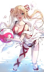 Rule 34 | .live, 1girl, ;d, absurdres, ball, bare shoulders, bikini, blonde hair, blush, braid, breasts, cleavage, darjeeling (reley), green eyes, hair between eyes, hair ribbon, highres, holding, holding ball, kongou iroha, large breasts, leaning forward, long hair, o-ring, o-ring bikini, o-ring bottom, o-ring top, one eye closed, open mouth, red bikini, red ribbon, ribbon, round teeth, side-tie bikini bottom, sketch, smile, solo, standing, swimsuit, teeth, twintails, upper teeth only, very long hair, virtual youtuber, wading, water, water drop, white background, yin yang