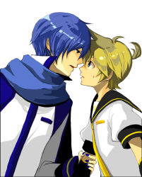 Rule 34 | 2boys, arm grab, bad id, bad pixiv id, blonde hair, blue eyes, blue hair, blue scarf, eye contact, imminent kiss, kagamine len, kaito (vocaloid), looking at another, male focus, multiple boys, nail polish, necktie, nntn, scarf, short hair, simple background, sweat, vocaloid, yaoi, yellow necktie