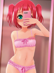 Rule 34 | 1girl, arm behind back, blush, bow, bow bra, bow panties, bra, breasts, cellphone, collarbone, cowboy shot, embarrassed, enotato, female focus, holding, holding phone, kurosawa ruby, love live!, love live! sunshine!!, mirror, navel, panties, phone, red hair, reflection, selfie, small breasts, smartphone, solo, two side up, underwear