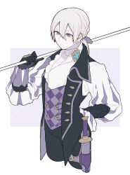 Rule 34 | 1boy, absurdres, argyle clothes, argyle vest, arm behind back, black gloves, black jacket, black pants, brooch, closed mouth, cropped legs, fire emblem, fire emblem fates, gauntlets, gloves, hair between eyes, hair ribbon, highres, holding, holding polearm, holding weapon, holster, jacket, jakob (fire emblem), jewelry, kita 282, knife sheath, long hair, looking ahead, low ponytail, male focus, nintendo, over shoulder, pants, polearm, purple background, purple eyes, purple ribbon, purple vest, ribbon, scarf, sheath, shirt, sleeveless, sleeveless jacket, solo, thigh holster, vest, weapon, weapon over shoulder, white background, white hair, white scarf, white shirt
