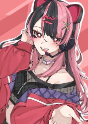 Rule 34 | 1girl, absurdres, animal ear headphones, animal ears, bang dream!, black bra, black hair, black shirt, bra, bright pupils, cat ear headphones, character request, commentary request, crop top, fake animal ears, hair ornament, hairclip, headphones, headset, highres, jacket, long sleeves, looking at viewer, multicolored hair, nanami (nunnun 0410), off shoulder, open clothes, open jacket, pink background, pink hair, red eyes, red jacket, see-through, see-through shirt, shirt, solo, streaked hair, striped background, underwear, white pupils