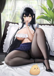 Rule 34 | 1girl, :d, azur lane, black footwear, black hair, black pantyhose, blue skirt, blush, breasts, creature, curtains, day, enico, frilled pillow, frills, green eyes, gusset, hand on another&#039;s head, high heels, highres, indomitable (azur lane), indomitable (ms. motivationless maid) (azur lane), indoors, knee up, large breasts, long hair, looking at viewer, maid headdress, manjuu (azur lane), miniskirt, on bed, open mouth, pantyhose, patent heels, pillow, plant, pleated skirt, pumps, shoes, sitting, skirt, sleeveless, smile, solo, stiletto heels, underboob, upskirt, very long hair, window