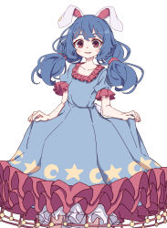 Rule 34 | 1girl, absurdres, animal ears, bloomers, blue dress, blue hair, blush stickers, collarbone, crescent print, dress, earclip, frilled dress, frilled sleeves, frills, highres, kame (kamepan44231), long hair, one-hour drawing challenge, open mouth, rabbit ears, red eyes, seiran (touhou), short sleeves, simple background, smile, solo, star (symbol), star print, touhou, underwear, white background, white bloomers