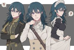 Rule 34 | !, 1girl, ?, alternate costume, blue eyes, blue hair, buttons, byleth (female) (fire emblem), byleth (fire emblem), closed mouth, crossed arms, double-breasted, fire emblem, fire emblem: three houses, from side, garreg mach monastery uniform, grey background, highres, long sleeves, looking to the side, maid, maid headdress, medium hair, mohazzing, multiple views, nintendo, official alternate costume, simple background, spoken exclamation mark, spoken question mark, uniform, upper body