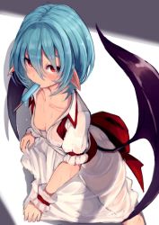 Rule 34 | 1girl, ass, bat wings, blue hair, bow, breasts, cleavage, clothes lift, collarbone, commentary, dress, dress lift, food, food in mouth, from above, hair between eyes, hat, unworn hat, unworn headwear, highres, looking at viewer, no bra, opanchu (hakusen), pointy ears, popsicle, puffy short sleeves, puffy sleeves, red bow, red eyes, remilia scarlet, short hair, short sleeves, simple background, small breasts, solo, standing, sweat, touhou, wet, wet clothes, white background, white dress, wings, wrist cuffs