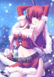 Rule 34 | 1girl, absurdres, alternate costume, armpits, arms behind head, arms up, belt, blue eyes, breasts, capelet, christmas, cleavage, corset, elbow gloves, female focus, front-tie top, fur trim, gift, gloves, highres, horns, kamidori alchemy meister, large breasts, long hair, midriff, miniskirt, navel, open mouth, ragsmuena, red gloves, red hair, revealing clothes, sack, santa costume, scythe, skirt, skull, snow, solo, yakuri
