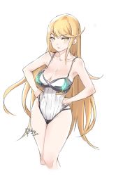 Rule 34 | 1girl, bare arms, bare shoulders, blonde hair, blush, breasts, casual one-piece swimsuit, cleavage, closed mouth, collarbone, cropped legs, hands on own hips, large breasts, long hair, looking at viewer, mythra (radiant beach) (xenoblade), mythra (xenoblade), nintendo, one-piece swimsuit, relaxjon, signature, simple background, solo, straight hair, swept bangs, swimsuit, thighs, very long hair, white background, white one-piece swimsuit, xenoblade chronicles (series), xenoblade chronicles 2, yellow eyes