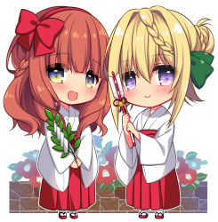Rule 34 | 2girls, alternate costume, arrow (projectile), blonde hair, blunt bangs, blush, bow, braid, braided bangs, braided bun, chibi, commentary request, de ruyter (kancolle), green ribbon, hair between eyes, hair bow, hair bun, hair ribbon, hairband, hakama, hamaya, holding, japanese clothes, kantai collection, long hair, miko, multiple girls, open mouth, orange hair, perth (kancolle), purple eyes, red hairband, red hakama, ribbon, ringo sui, smile, standing, wide sleeves