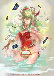 Rule 34 | 1girl, breasts, cape, card, collar, fire emblem, fire emblem awakening, fire emblem cipher, gloves, green hair, looking at viewer, medium breasts, nintendo, ponytail, solo, suzuki rika, thighs, tiki (adult) (fire emblem), tiki (fire emblem), upper body, water