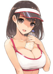 Rule 34 | 1girl, :d, bottle, breasts, brown eyes, brown hair, cleavage, collarbone, hand up, holding, holding bottle, large breasts, looking at viewer, morisawa haruyuki, open mouth, original, simple background, smile, solo, sports bra, sweat, upper body, visor cap, water, water bottle, white background