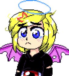 Rule 34 | 1girl, bad id, bad twitter id, bat wings, black sweater, blonde hair, blue eyes, dungeon toaster, evil eye sigma, eyeball, hair ornament, hairclip, halo, humanization, inactive account, pc-98 (style), pc98, pixel art, red eyes, simple background, solo, sweater, teardrop, touhou, touhou (pc-98), wings, zun (style)