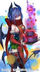 Rule 34 | 1girl, argyle, argyle clothes, argyle legwear, arm warmers, bare shoulders, black thighhighs, blue hair, bow, breasts, bug, cake, company name, demon horns, demon tail, demono crusade, food, glasses, heart, holding, holding tray, horns, medium breasts, official art, pointy ears, pom pom (clothes), purple eyes, red-framed eyewear, red scarf, scarf, sideboob, solo, spider, standing, tail, thighhighs, tray, wings, ysk (yusuke)